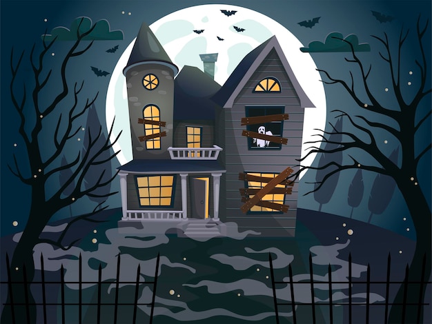 Halloween haunted house on blue Moon background Vector illustration