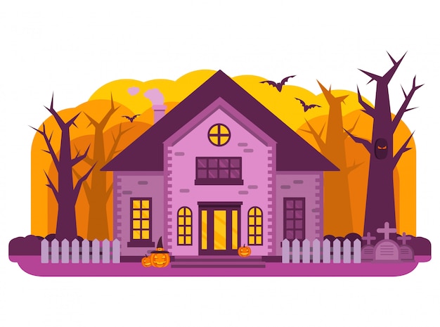 Хэллоуин дом с привидениями старый кладбище могильный камень, привидения и тыква, летучая мышь.