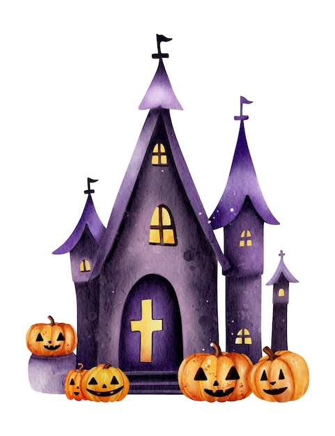Halloween haunted house set watercolor illustration