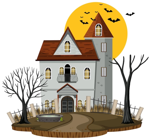 白い背景の上のハロウィーンのお化け屋敷