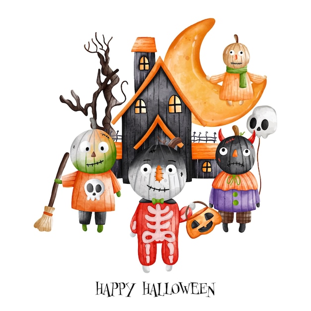 Halloween Haunted house with pumpkin kids and crescent moon Halloween element Halloween decorationxDxA