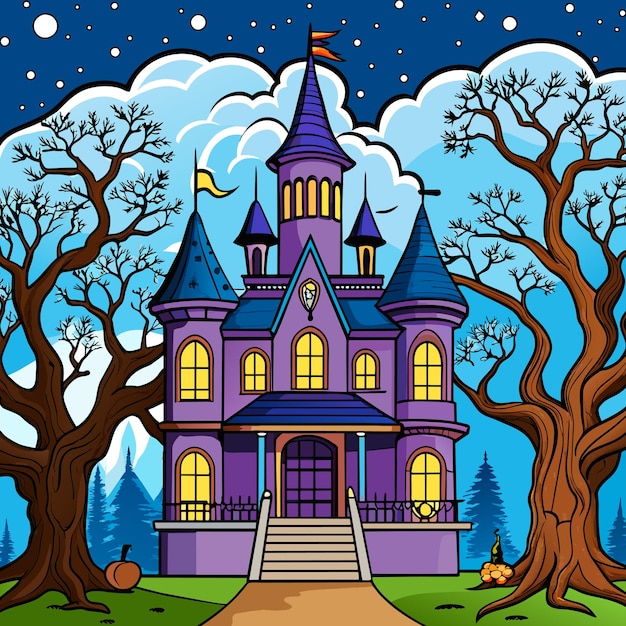 Halloween haunted witch house hand drawn sticker icon concept isolated illustration