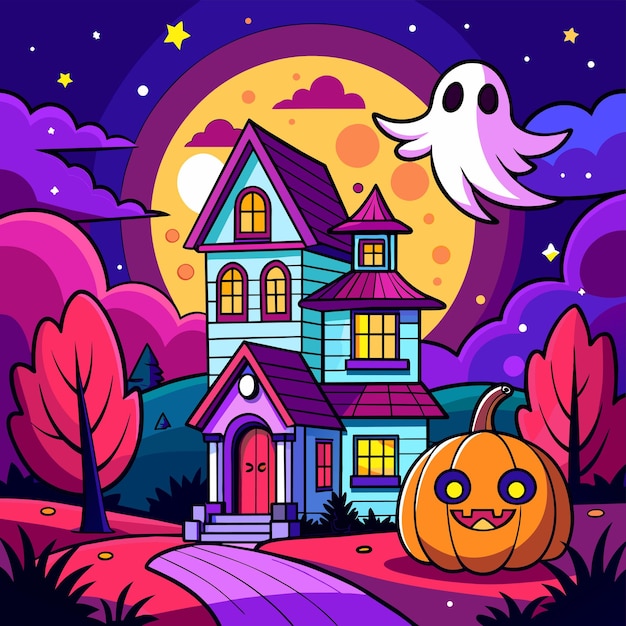 Vector halloween haunted witches house hand drawn cartoon character sticker icon concept isolated