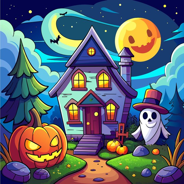 Vector halloween haunted witches house hand drawn cartoon character sticker icon concept isolated