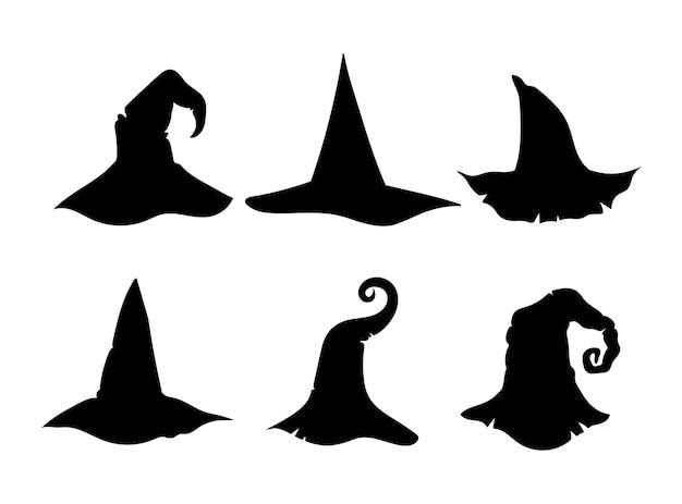 Halloween heks hoed silhouet bundel heksen tovenaar hoed zwart-wit geïsoleerde clipart