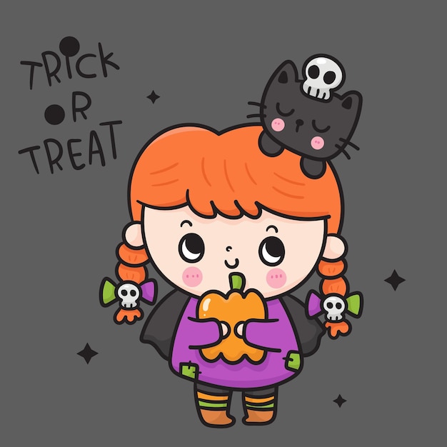 Vector halloween-heks met kat kawaii kitten kaart