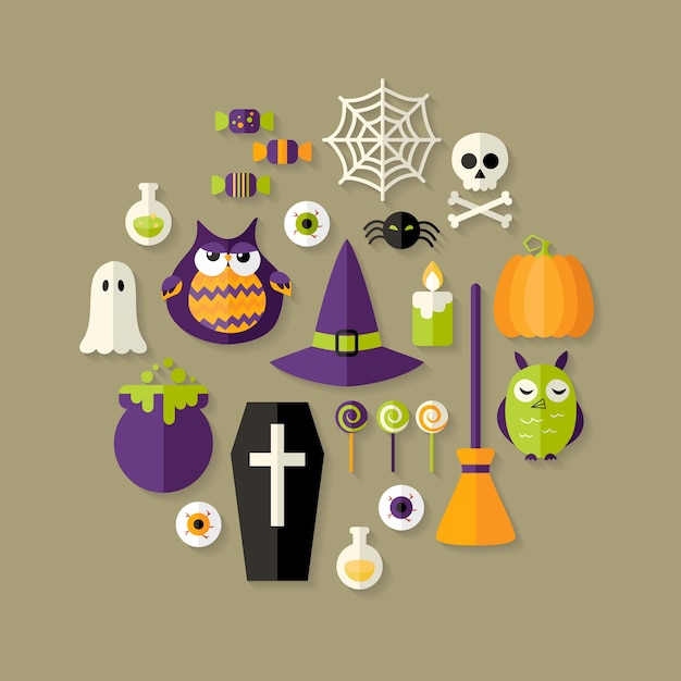 Halloween heks plat pictogrammen instellen. vector illustratie