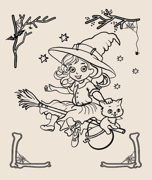 Halloween heks vliegen op bezem Zwart-wit vectorillustratie voor het kleuren van boek