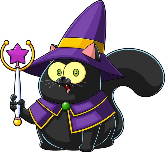 Halloween heks zwarte kat stripfiguur met een toverstaf vector hand getekende illustratie