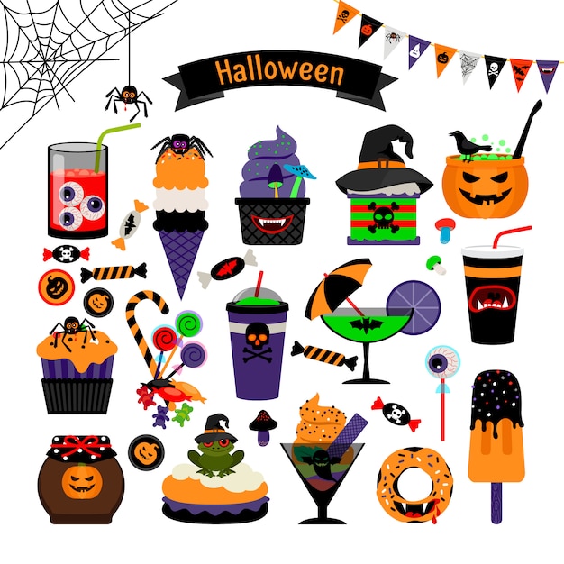 Halloween hekserij snoep vector plat pictogrammen