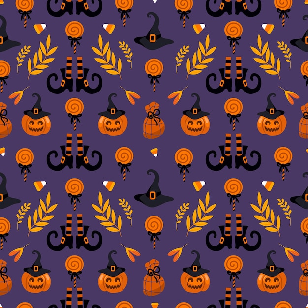 Halloween heldere naadloze vector patroon. Pompoen jack-o-lantern, heksenhoed, gestreepte kousen, schoenen, lolly, cadeaus, herfstbladeren. Voor kinderkamer, behang, bedrukking op stof, verpakking, achtergrond.