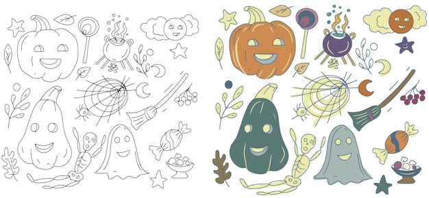 Halloween hoeden herfstvakantie set kleuren afzonderlijk met de hand getekend op een witte achtergrond