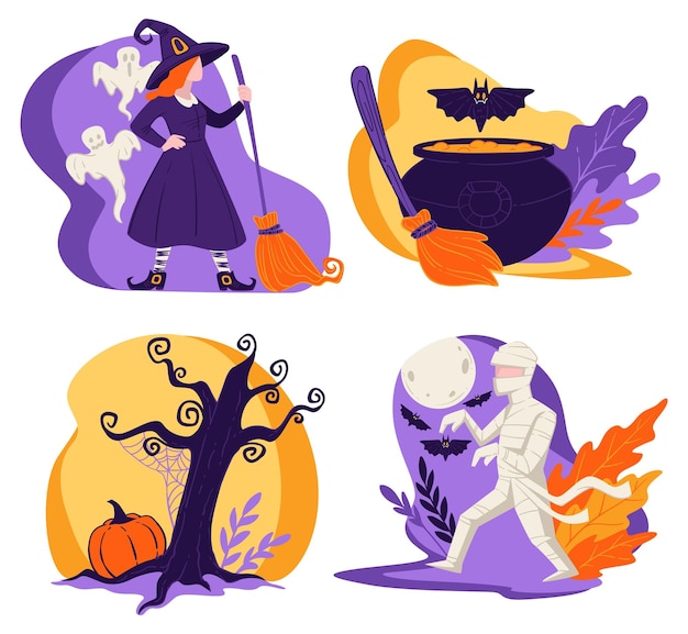 Vector halloween holiday in autumn witch character mummy