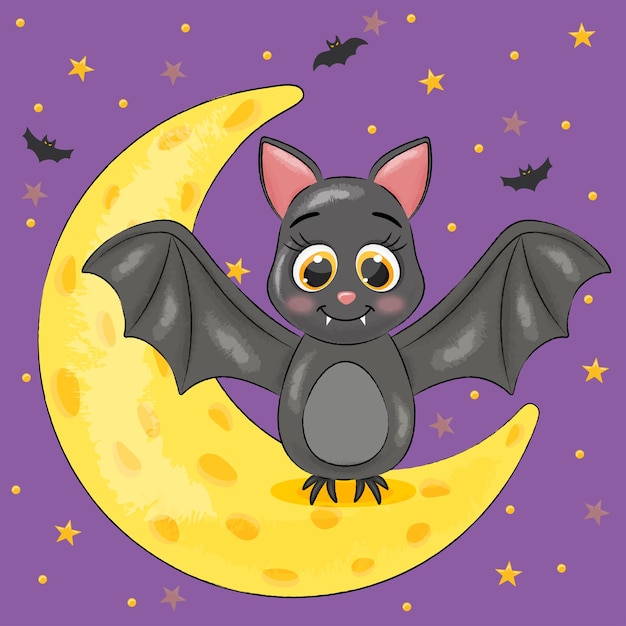 halloween holiday card cute bat sits on the moon vector