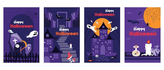 Halloween holiday cover brochure set in trendy flat design Poster templates with spooky death character flying ghosts old castle and house with moon creepy potion and candles Vector illustration