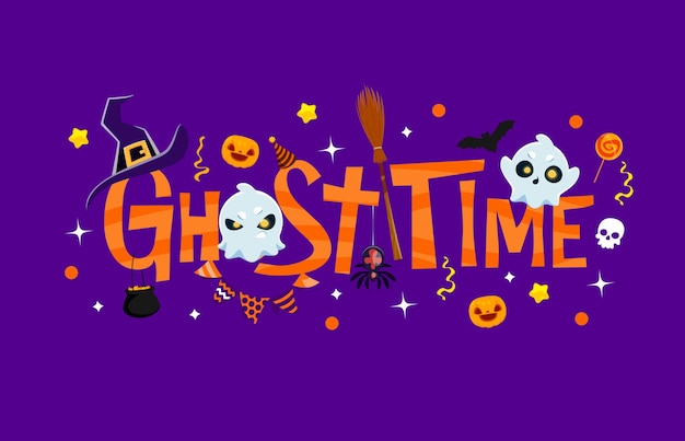 Halloween holiday ghost time banner witch hat kawaii ghosts characters vector quote with colorful orange striped decorated typography letters and cute phantoms flying around on festive background