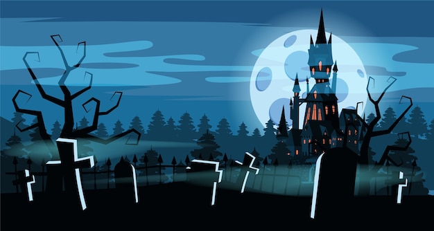 Vector halloween holiday graveyard, black abandoned castle.