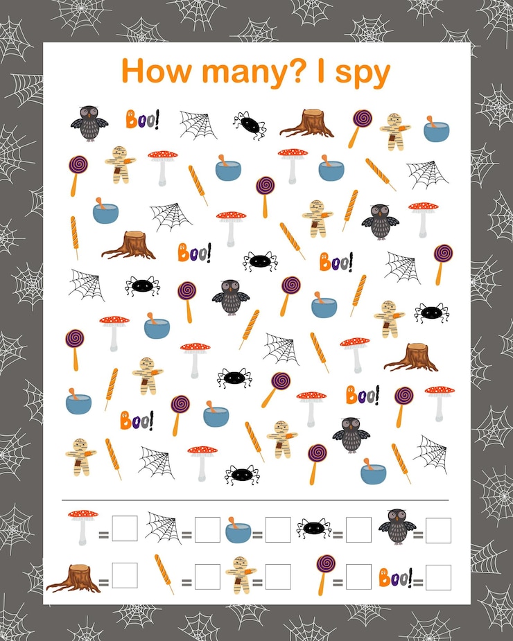 Vector halloween holiday i spy counting educational puzzle game printable worksheet leisure or study game