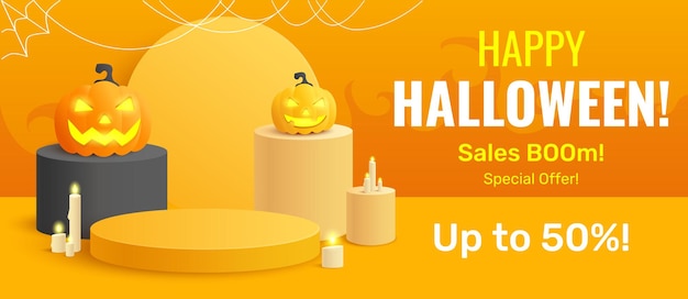 Halloween holiday podium banner with 3d dimensional decorations of pumpkin lanterns