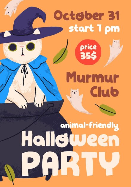 Vector halloween holiday poster design with cute cat in witch hat. helloween flyer card background template for pet-friendly party. vertical promo banner for funny carnival. colored flat vector illustration