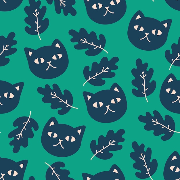 Halloween holiday seamless pattern background with cats Illustration for design fabric or wrapping paper