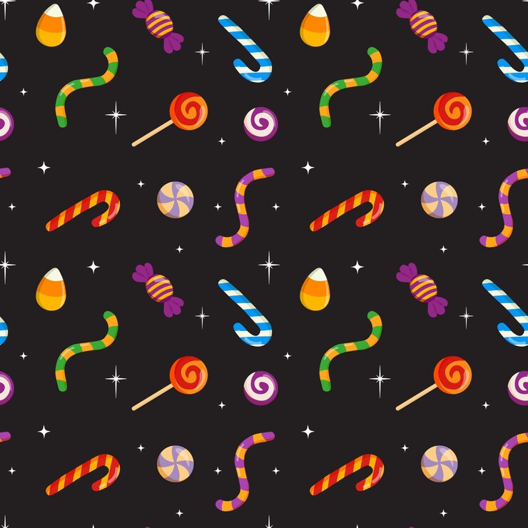 वेक्टर halloween holiday seamless pattern vector candies with halloween elements and ornaments cartoon flat vector style baby texture for fabric wrapping textile wallpaper clothing greeting cards