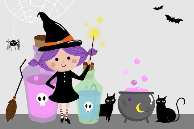 かわいい魔女と黒い猫とハロウィーンの休日の背景。