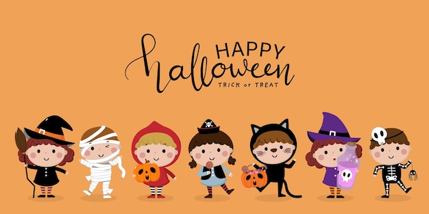 Vector halloween holidays cartoon character cute kids in witch mummy pirate skeleton and black cat cost