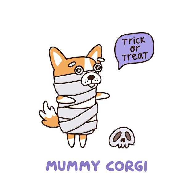 halloween hondenras welsh corgi in een mummiekostuum