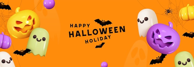 Halloween horizontal banner, header for website. Realistic 3d design, orange pumpkin, ghost, bats, spider web. Abstract cartoon design. Vector illustration