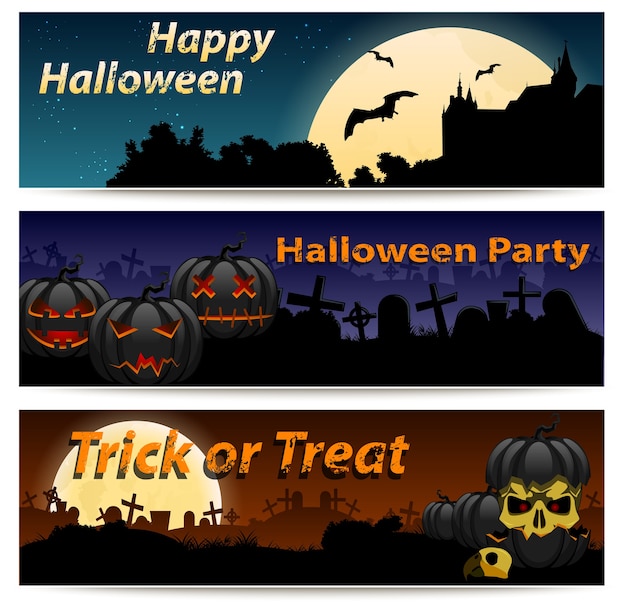 Halloween horizontal banners set. pumpkin, cemetery and other