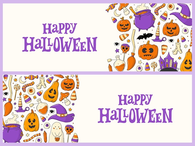 Halloween horizontal banners set with doodles and lettering quotes