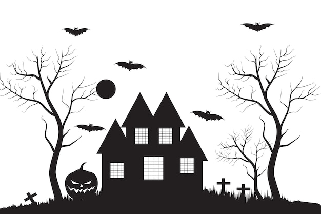 Halloween Horror Castle haunted house building silhouette vector tree Pumpkins tombs Spooky house