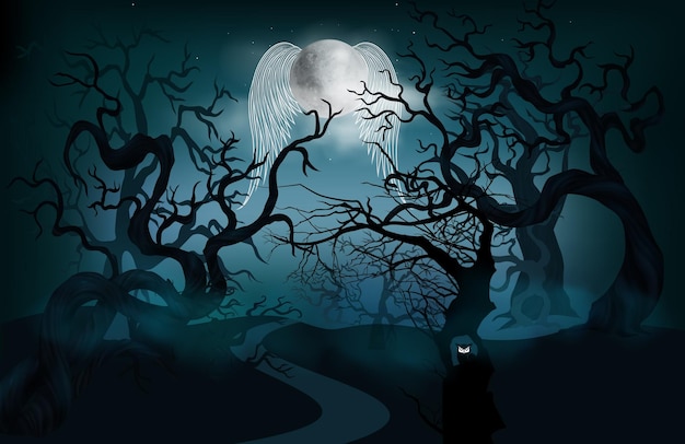 Vector halloween horror dark forest angel moon