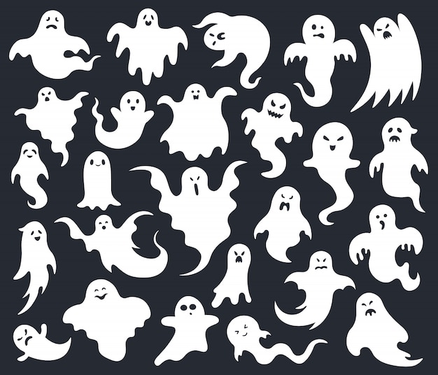 Fantasma dell'orrore di halloween. fantasmi spaventosi spettrali, fantasma divertente simpatico personaggio, fantasma spettrale halloween mascotte illustrazione set. mostro spettrale faccia, creatura sagoma vacanza