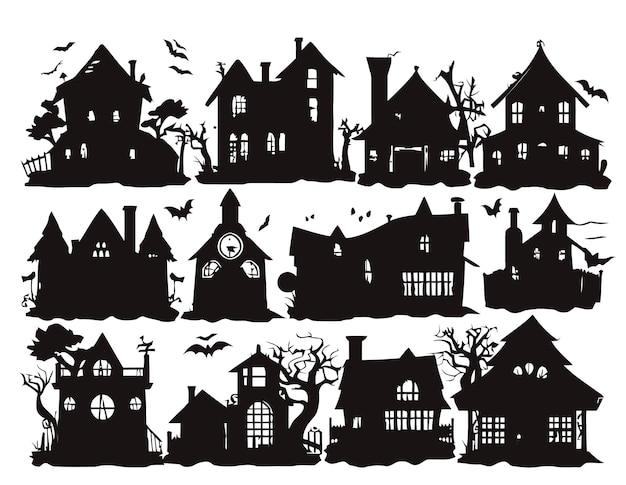 Halloween horror house collection old castle silhouette building bats wallpaper sticker pattern me