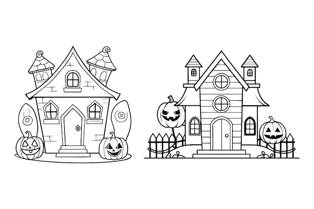 Halloween House Coloring Page cute Halloween houses with pumpkins and fences perfect for coloring