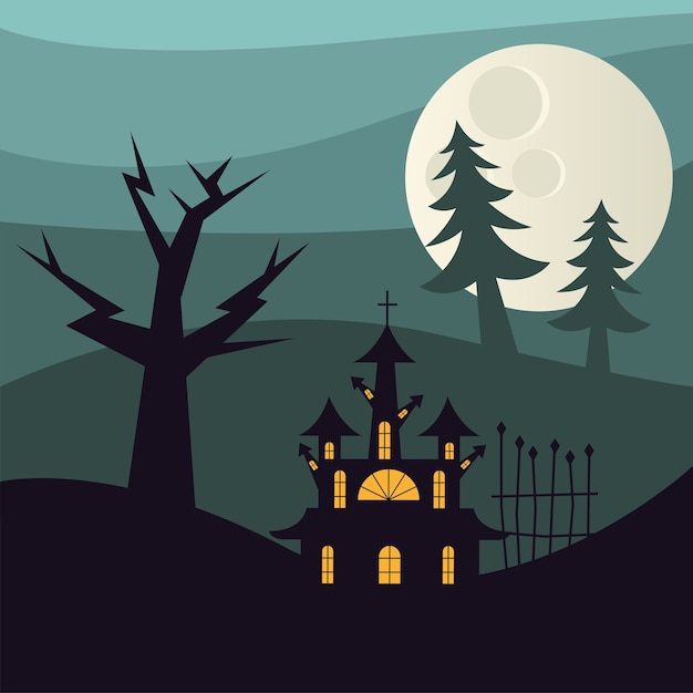 Casa di halloween e alberi di pino di notte design, tema spaventoso