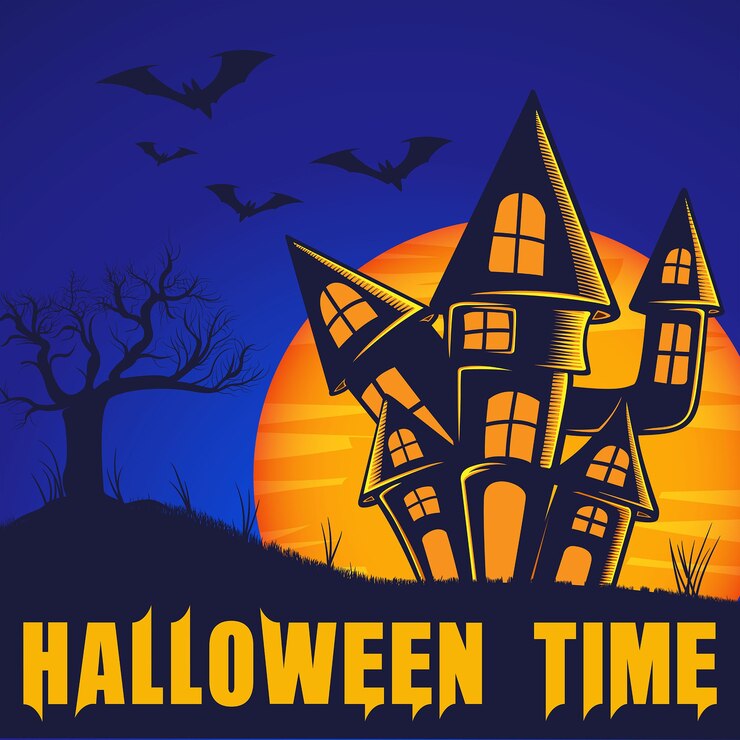 Halloween house with tree and bats