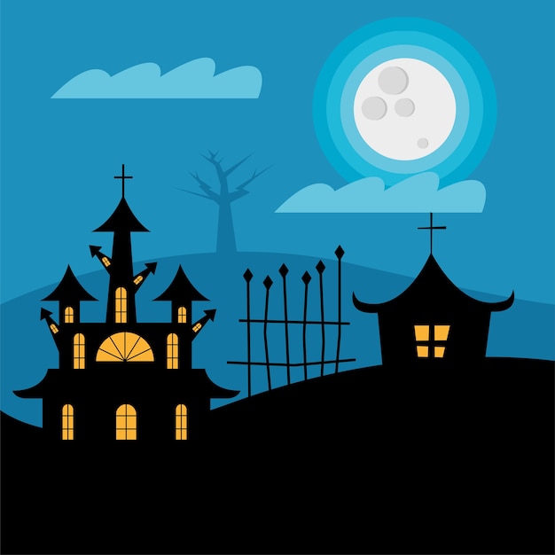 Case di halloween con cancello di notte design, tema spaventoso