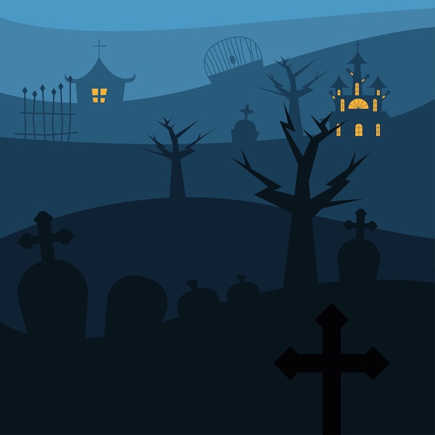 Вектор Хэллоуин дома с деревьями на кладбище дизайн, страшная тема