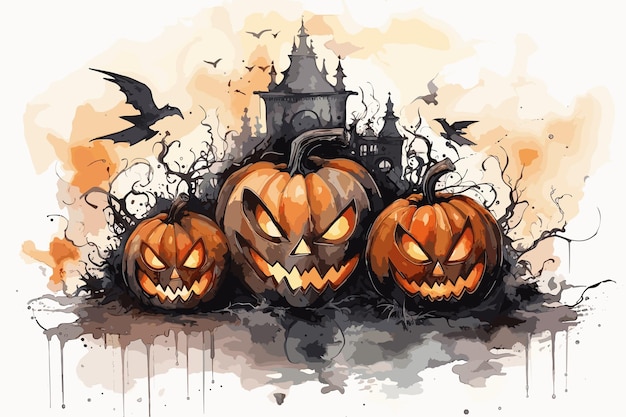 Halloween huis en pompoen aquarel vectorillustratie