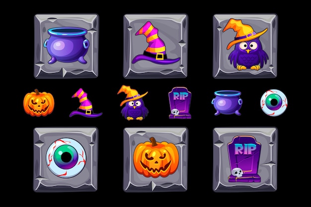 Halloween icons on stone square. Halloween style icon set