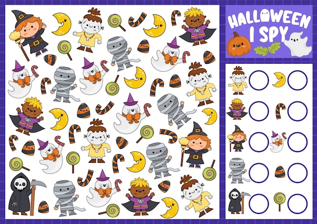 Halloween Ik bespioneer spel voor kinderen Zoek- en telactiviteit met schattige kawaiikarakters Eng herfstafdrukbaar werkblad voor kleuters Eenvoudige Allerheiligen-spotpuzzel