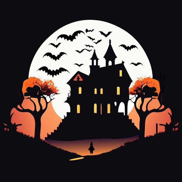 Vector halloween-illustratie met silhouet van kasteel bij gloeiende maan en dode bomen