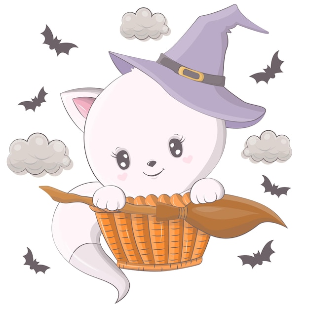 Halloween-illustratie van een kat met een bezem. Vectorillustratie van Halloween dier.