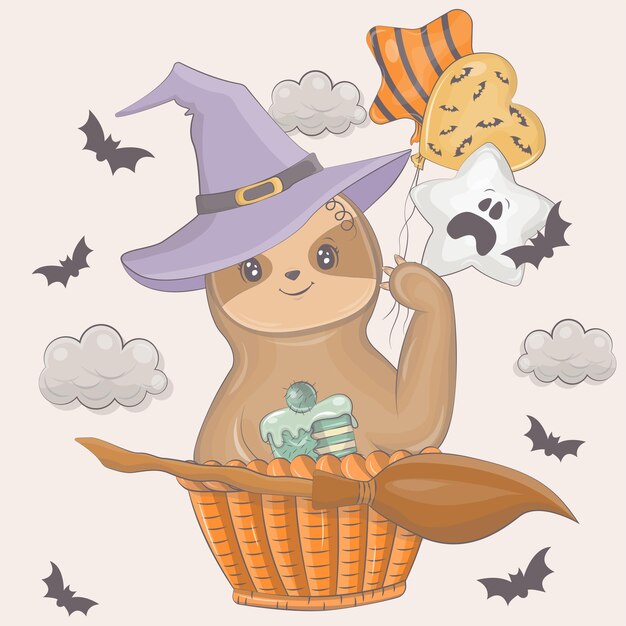 Halloween-illustratie van een luiaard met een bezem. Vectorillustratie van Halloween dier.