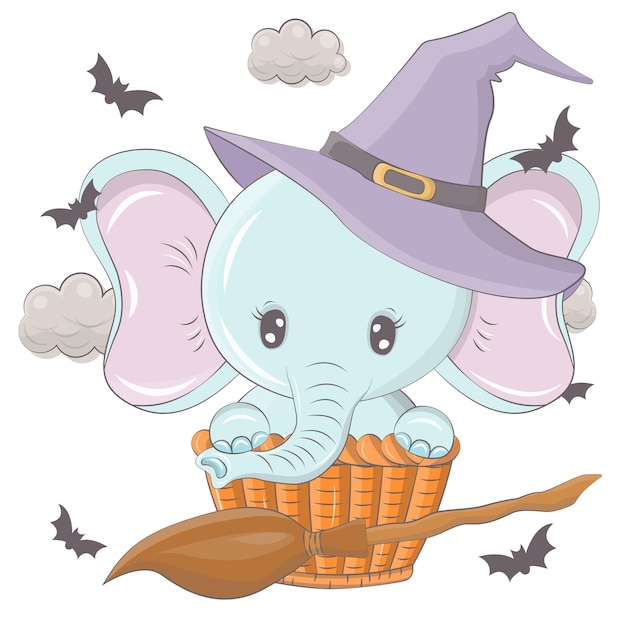 Halloween-illustratie van een olifant met een bezem. Vectorillustratie van Halloween dier.