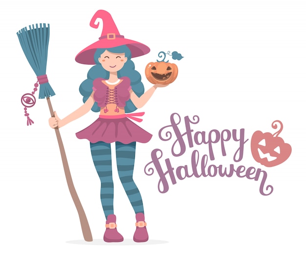 Halloween-illustratie van heksenkarakter met bezem, hoed, pompoen