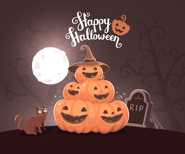 Halloween-illustratie van stapel van decoratieve oranje pompoenen met glimlach